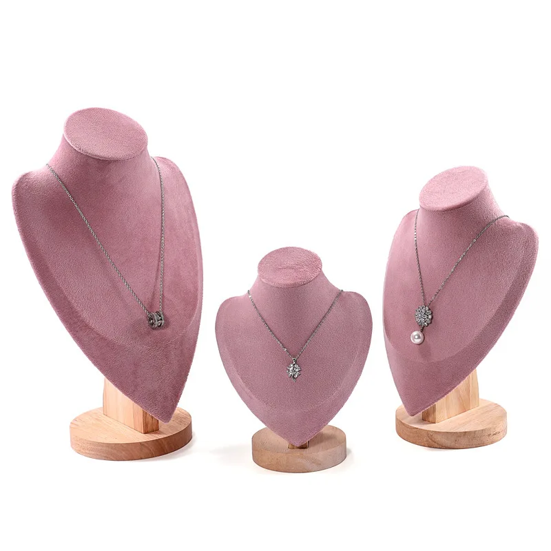 Professional Custom Jewelry Store Chain Display Stand White Pink Velvet Wood Jewelry Display Neck Necklace Bust For Show