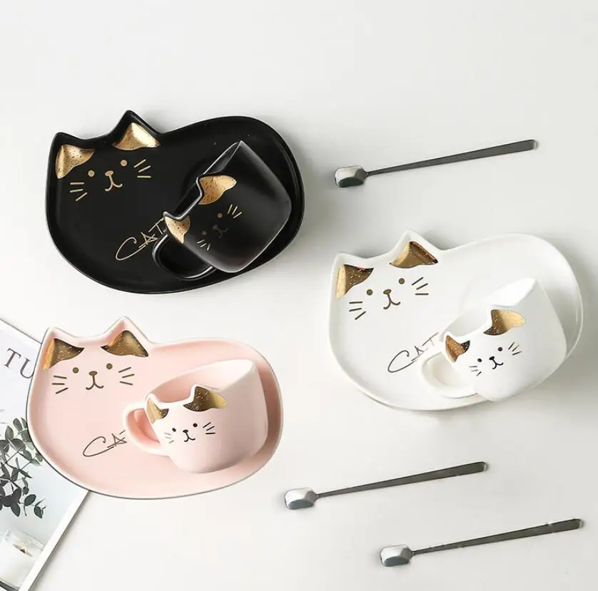 Girl Birthday Gifts Nordic Gold Rim Mug pink Cat Cups and Saucer Set