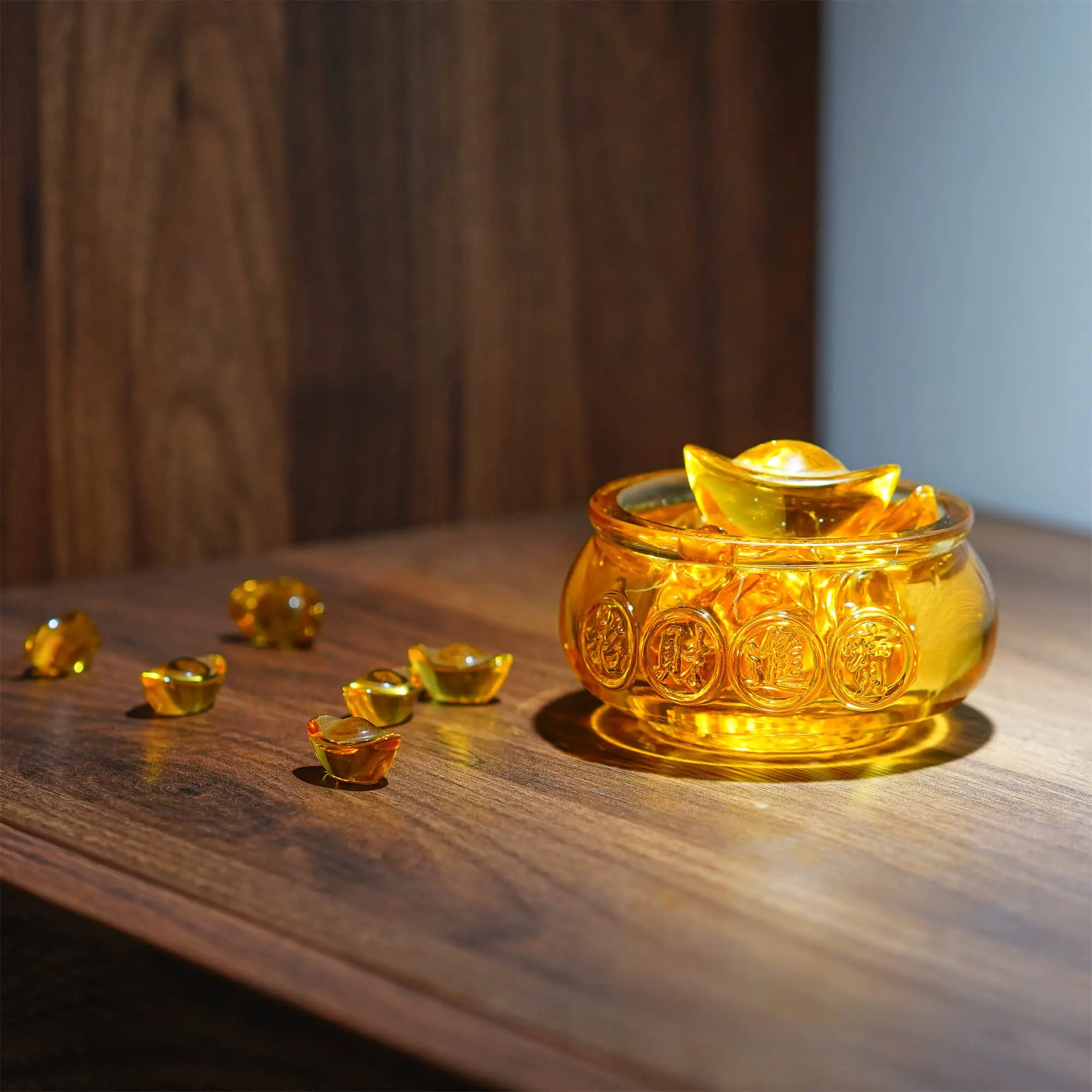 3' Handmade Crystal Glass Golden Treasure Basin with 41pcs Yuan Bao Good Luck Wealth Prosperity Collectibles Feng Shui Decor