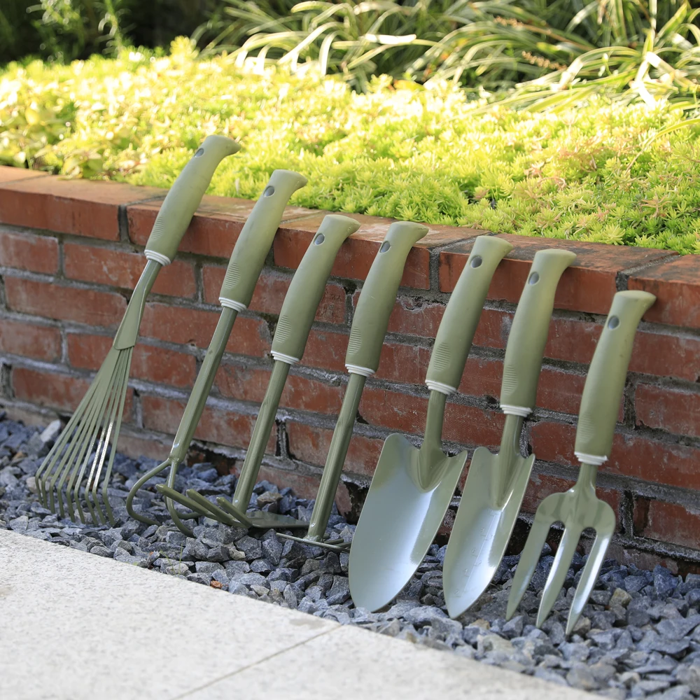 Green Soft Ergonomic Handle Garden Planter Broom Cultivator Rake Trowel Hand Tools Set