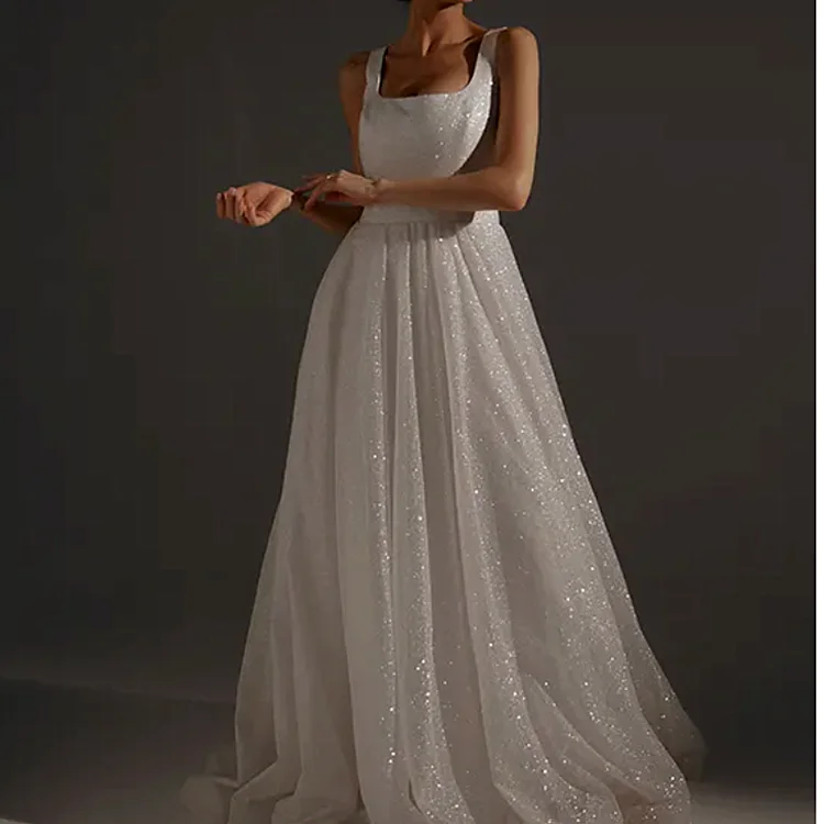 High Quality Small Tail Sequined Bling Sleeveless Women Dress Simple Elegant Wedding Dresses