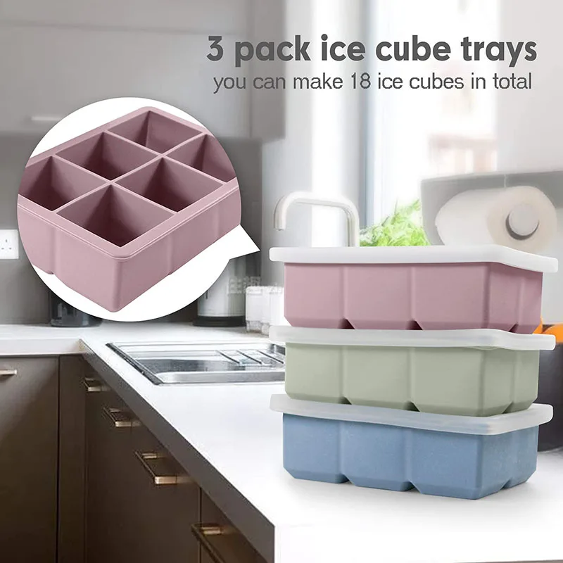 6 Cavity Stackable Big Silicone Square Ice Cube Mold  Silicone Ice Cube Tray Silicone Ice Cube Freezer Molds for Freezer