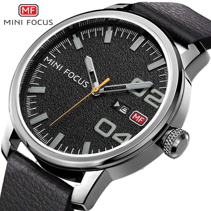 
MINI FOCUS Fashion Quartz Watch Men Genuine Leather Strap Calendar Dial Mens Watches Top Brand Luxury Gift for Man MF0022G Gift 