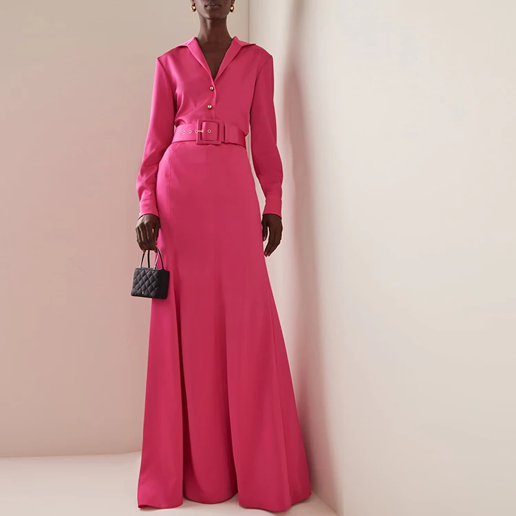 Custom Fashion Luxury  Hot Pink Lined Satin Floor Length Belted Fit and Flare Seamed Maxi Wholesale Elegant Lady Skirt