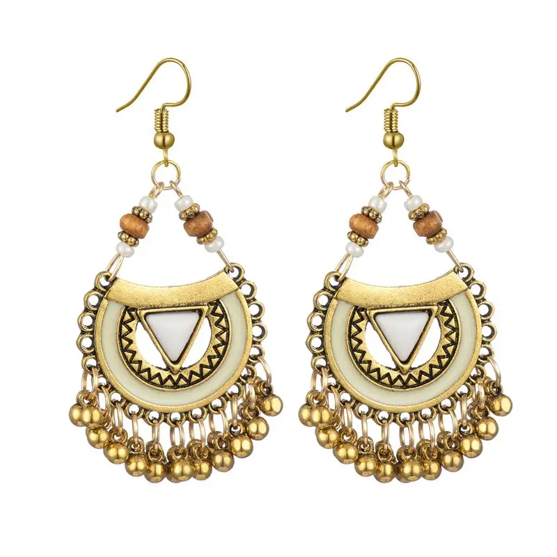 New Fashion Bohemian Vintage Antique Gold Alloy Triangle Turquoise Beads Tassel Indian Earrings Jewelry