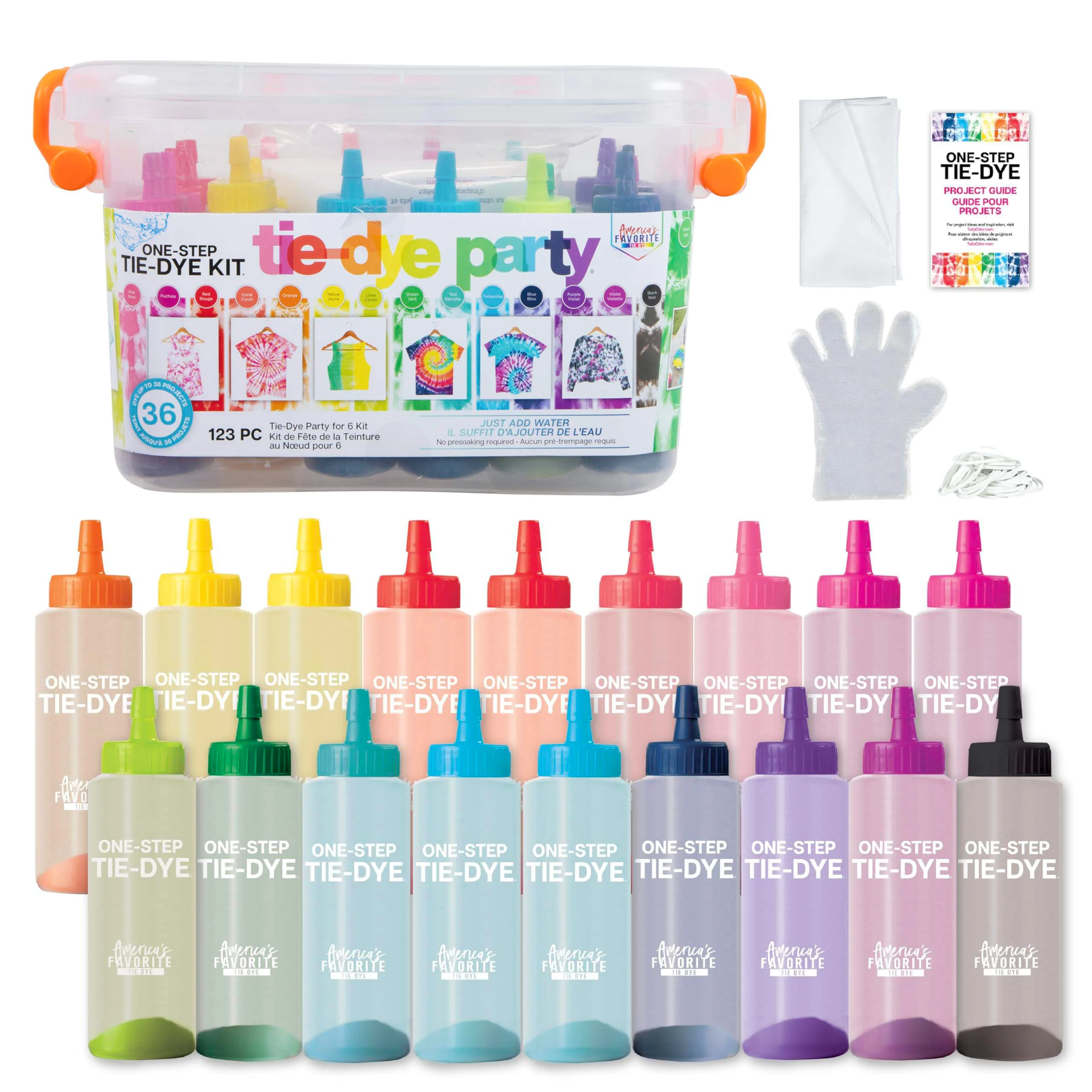 One-Step Tie-Dye Party, 18 Pre-Filled Bottles, Creative Group Activity, All-in-1 Fashion Design Kit, 1 Pack, Rainbow