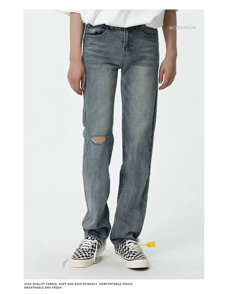 
Street Hip Hop Straight Denim Men Fashion Washed Jeans Full Length Bottom Cut Pants New Design 