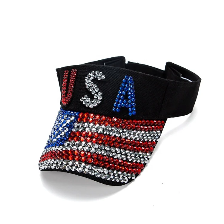 Rhinestone Sparkle Sun Hats Adjustable USA Women Bling Visors Hat