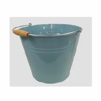 ENAMEL FLOWER BUCKET WOODEN HANDLE