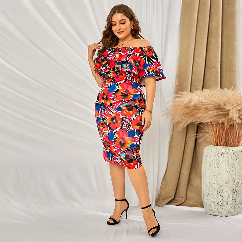 2022 Summer Ladies Elegant Dress Women Floral Off Shoulder Midi Dress Plus Size Dress