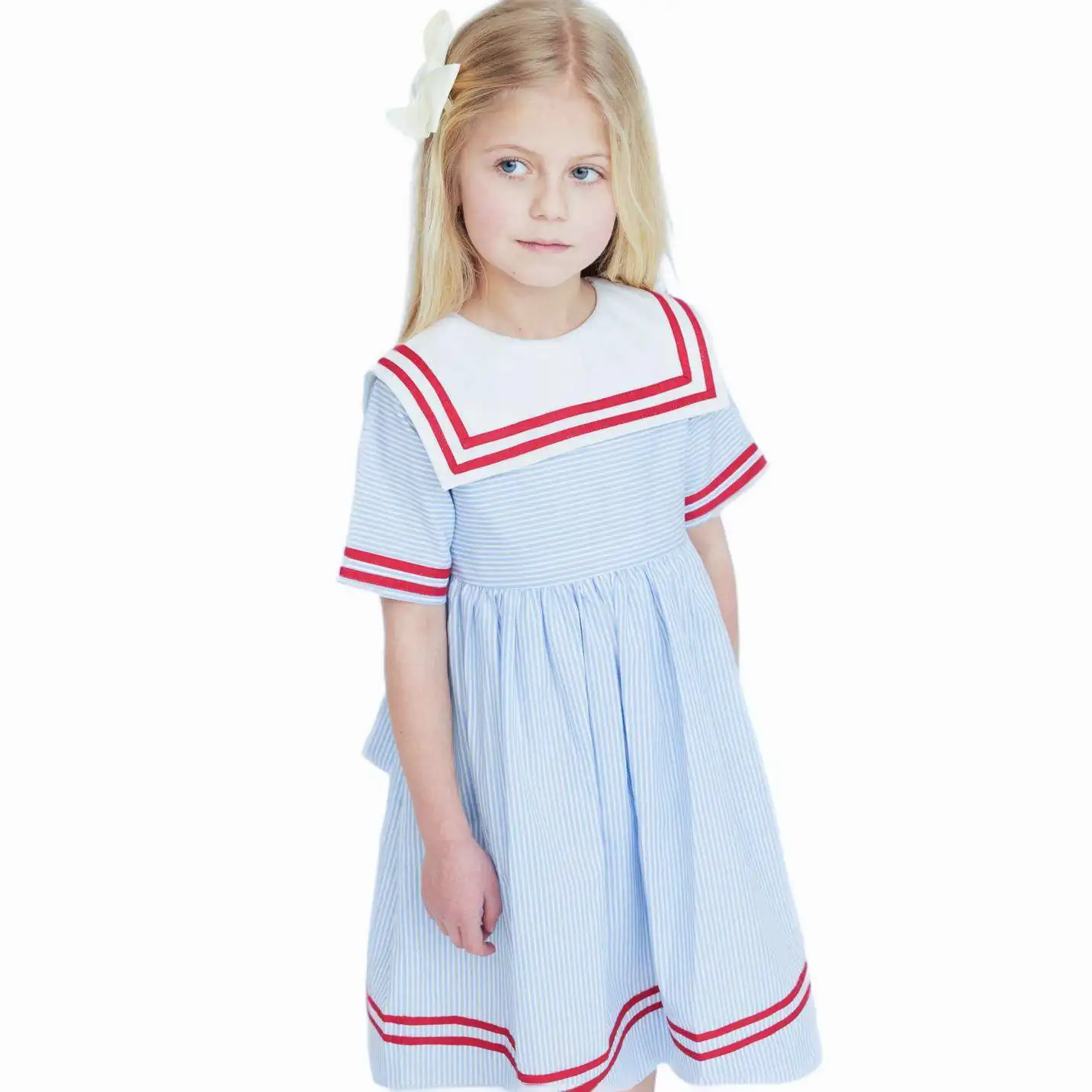 Custom Design Luxury Cotton Casual Kids Girl Dresses Baby Red Stripe Short Sleeve Sailor Collar Bow Sash Tie Children Dress