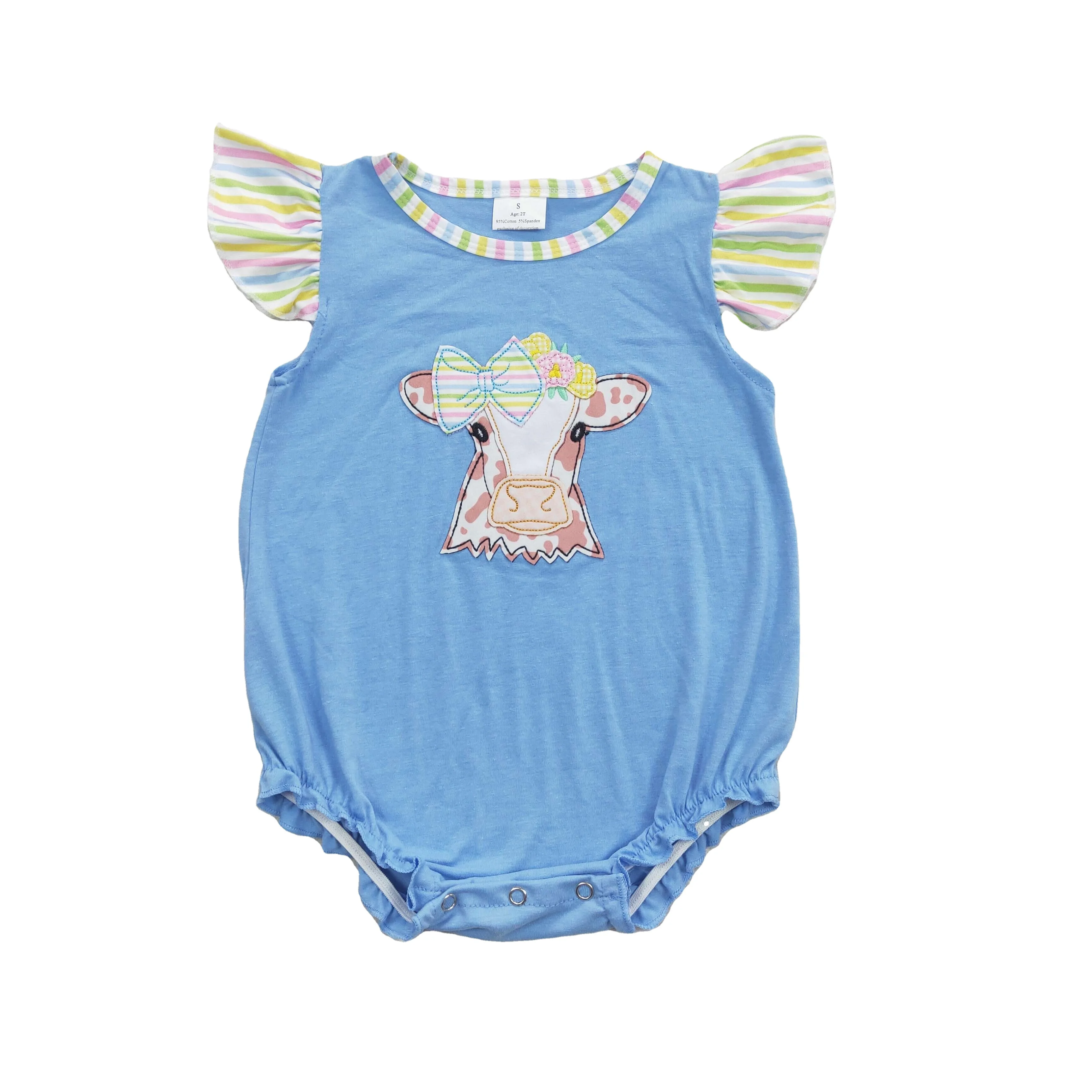Wholesale baby rompers Embroidery bow cow color striped blue vest jumpsuit Summer Boutique kids clothing