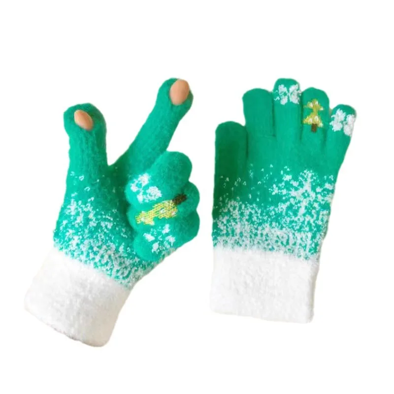 2024 Winter Women Fashion Christmas Tree Snowflake Jacquard Plush Fluffy Fuzzy Soft Thick Red Green Pink Blue Hand Gloves Mitten