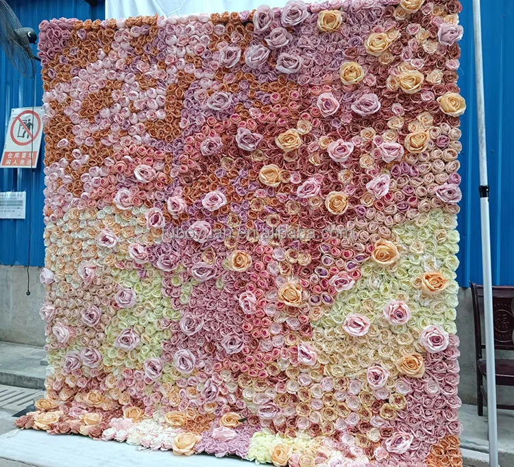 L01 Wholesale 3D Roll Up Ombre Fake Flower Wall Backdrop Mat Artificial Silk Rose Peony Floral Wall Panel For Wedding Home Decor