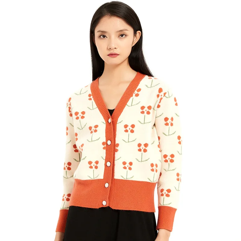 Custom V-neck Jacket Jacquard Base Slim Long Sleeve Oversized Knitwear Women Sweater Cardigan