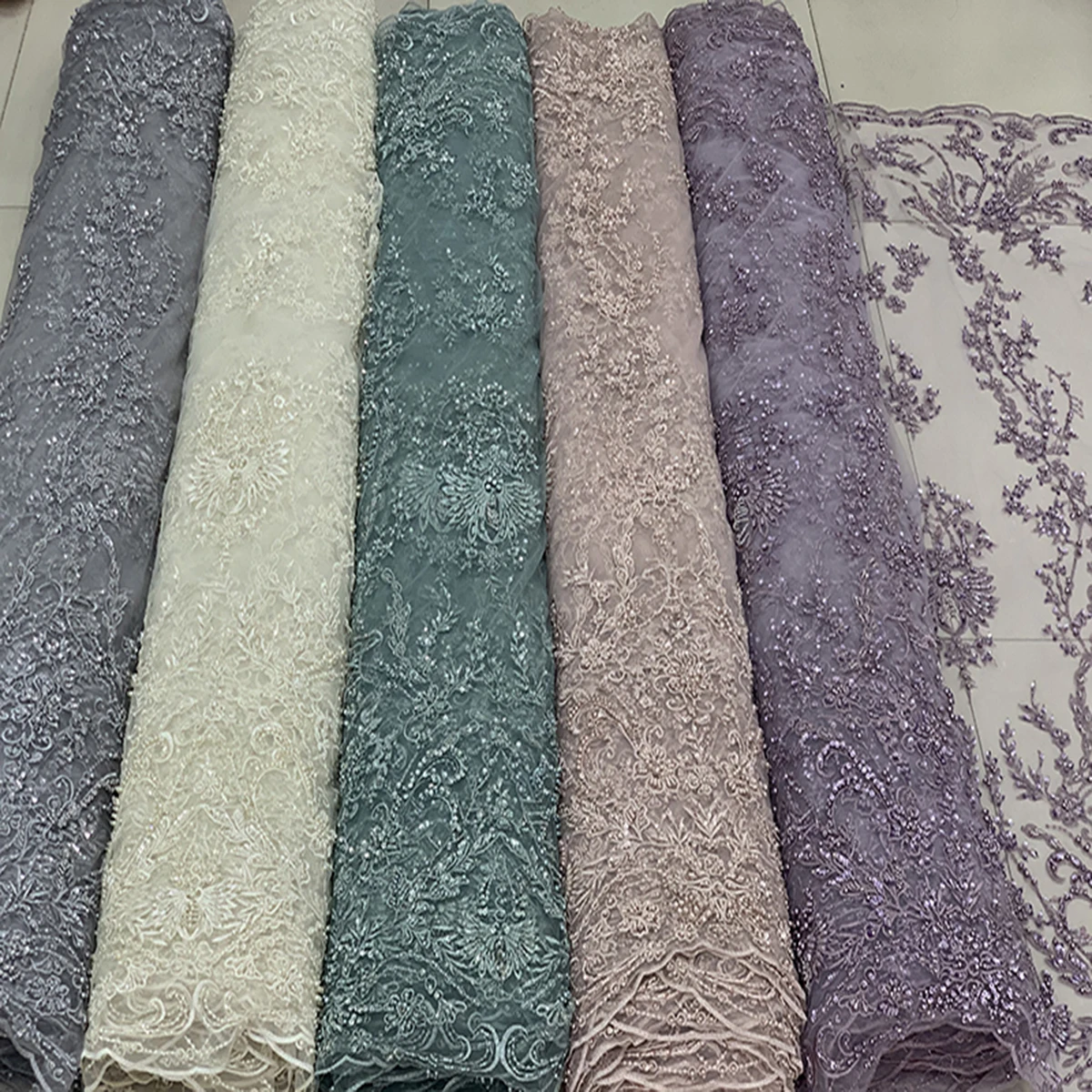 Wholesale French Bridal Heavy Handmade Beaded Tulle Lace Fabric For Wedding Dress Lady Material Africa Embroidery Sequin Textile