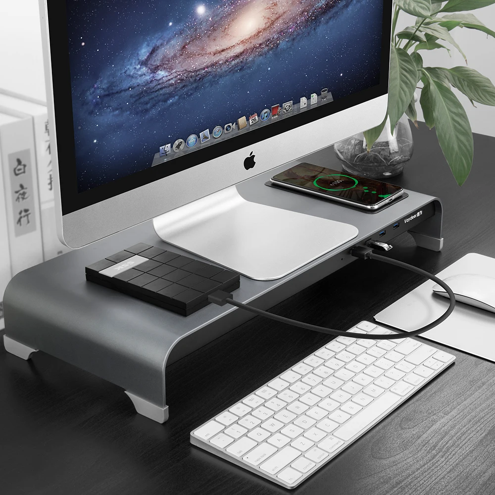 Vaydeer USB 3.0 Transfer Data and Charging Keyboard and Mouse Storage Desk Organizer Aluminum Monitor Stand