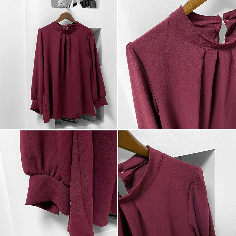 Latest Wholesale Malaysia Dubai Abaya Muslim Women Tops Long Sleeve Casual Crew Neck Modest Jazz Crepe Muslim Blouses Shirts