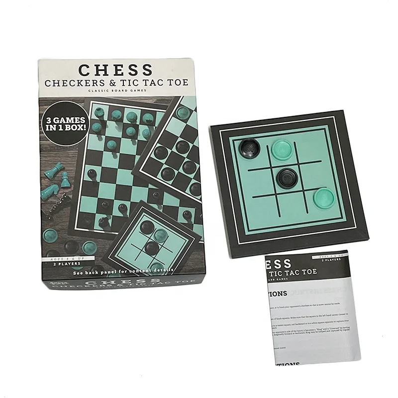 custom design cheap wholesale 3 in 1 box chess board game set educational toy interactive kids family checkers board game