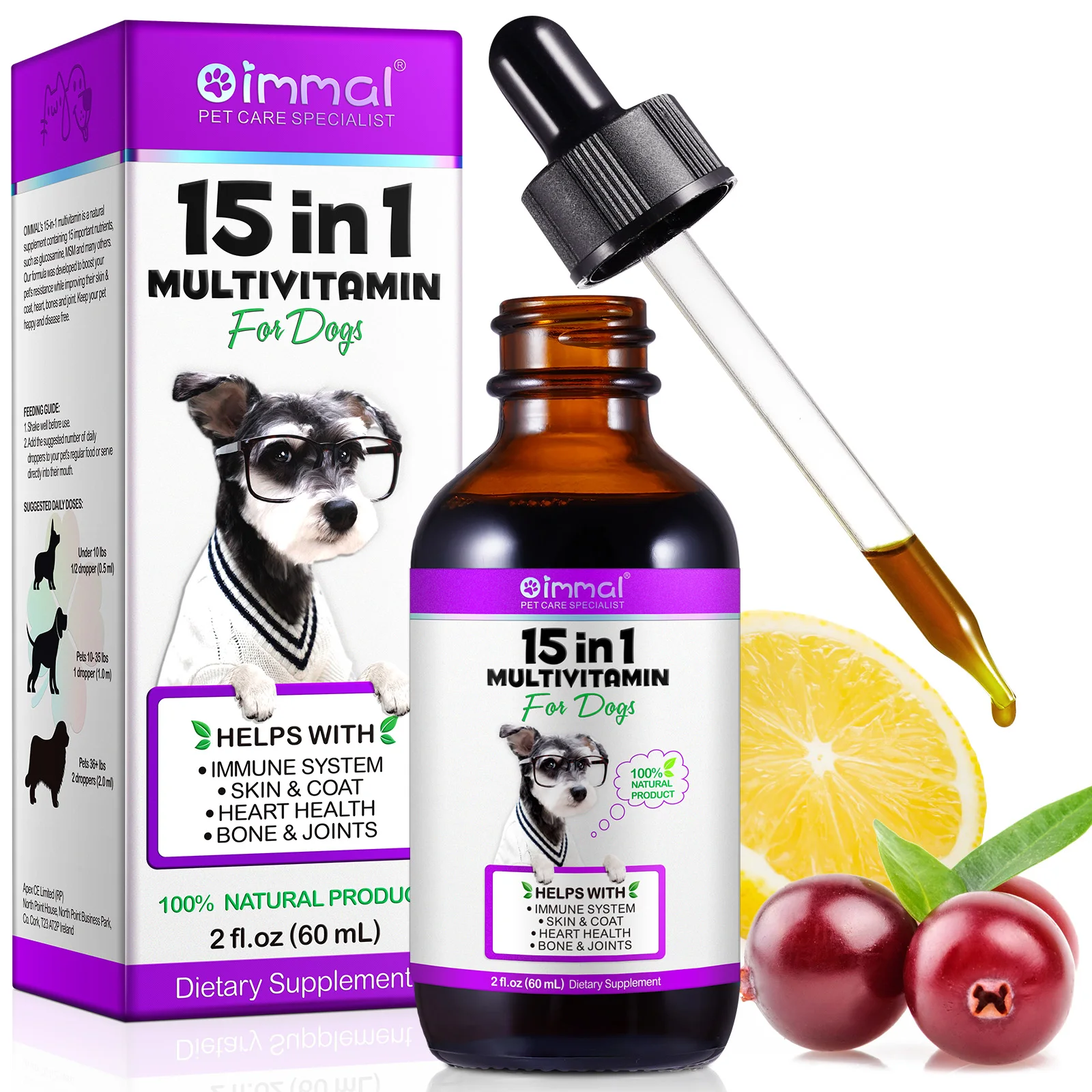 Oimmal Wholesale 60ml Glucosamine Dog Supplement 15 In 1 Multivitamin Drops for Skin Coat Heart Health Bones and Joint Support