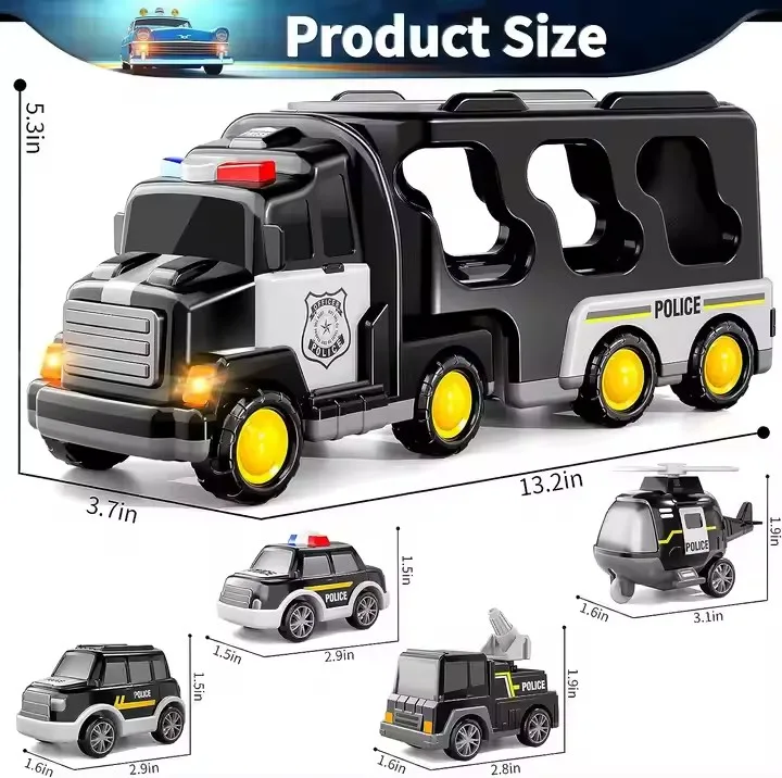QW Hot Selling New Products in Stock Wholesale Boy Toys Black Inertia Lighting Music Transport Vehicle with Four Small Cars