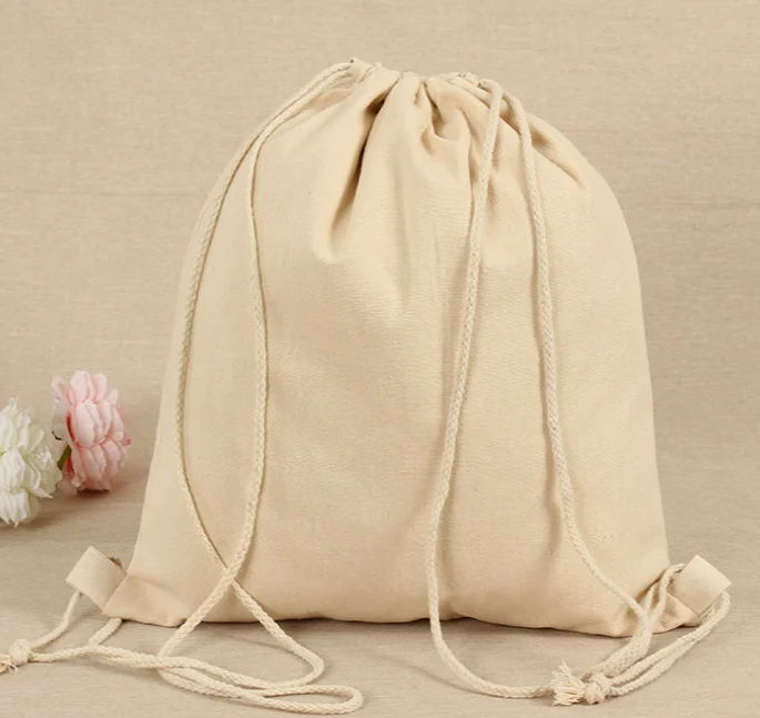 reusable natural  drawstring cotton backpack shopping bags with custom logos eco friendly cotton drawstring shopping bag
