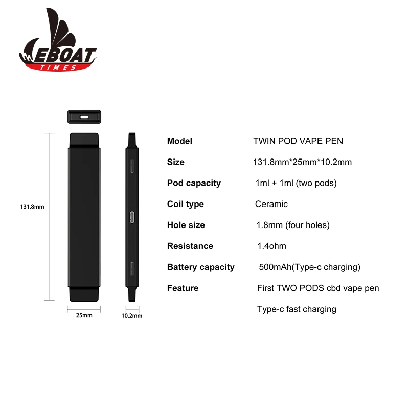 Private Label Vaporizer Pen Eboattimes Twin Pods 1ml+1ml 500mah Wholesale Pod System