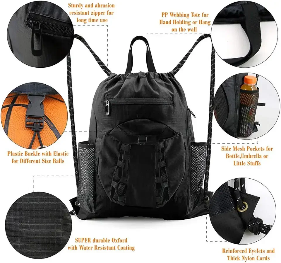 Gym Sport Equipment Bags Drawstring Basketball Backpack Bag with Ball Holder & Shoe Compartment for Football Baseball