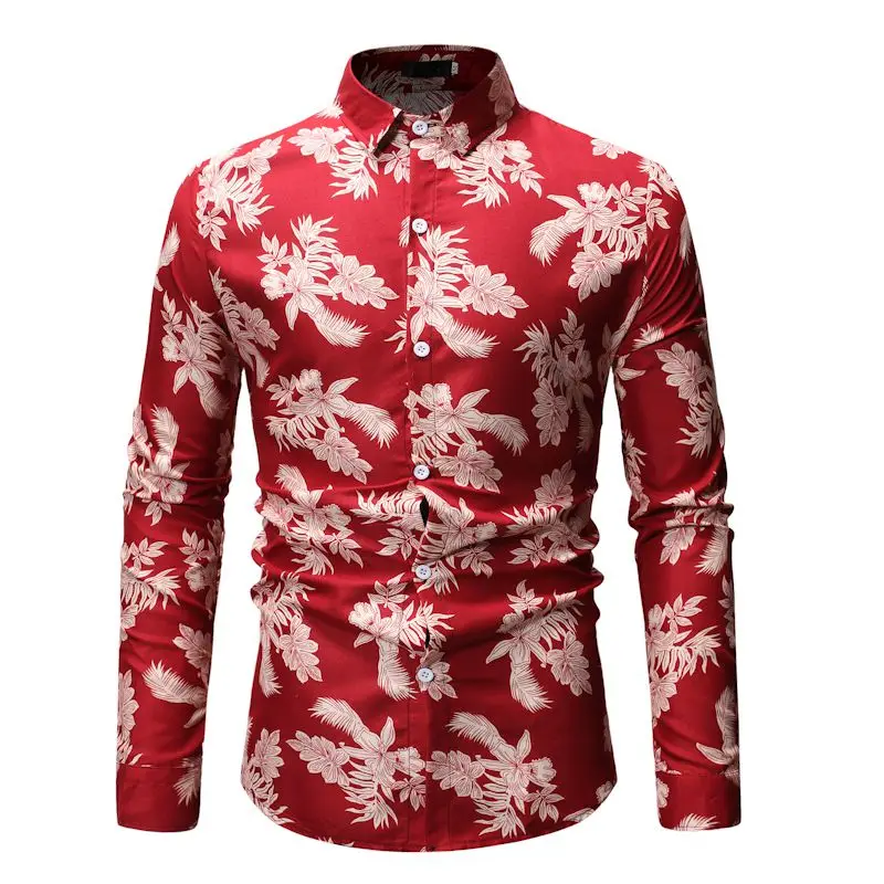 Men Hawaiian Shirt Long Sleeve Floral Print Mens Dress Formal Shirts  Men Casual Slim Fit Tops Shirt M-3L