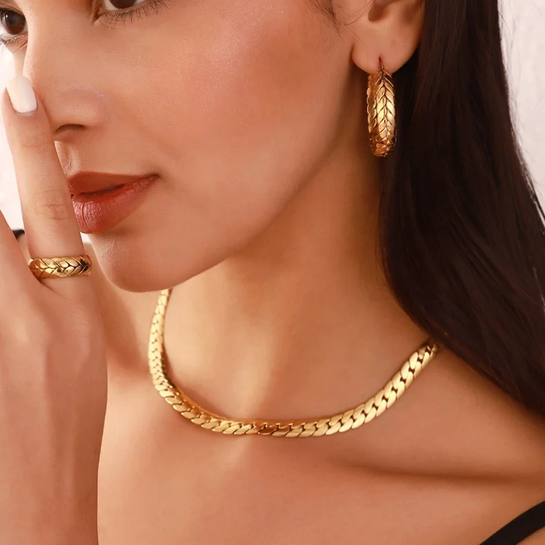 3 Piece Fashion Jewelry Sets 18K Gold Plated Stainless Steel Hip hop Thick Flat NK Chain Necklace Bracelet Earrings Sets Women