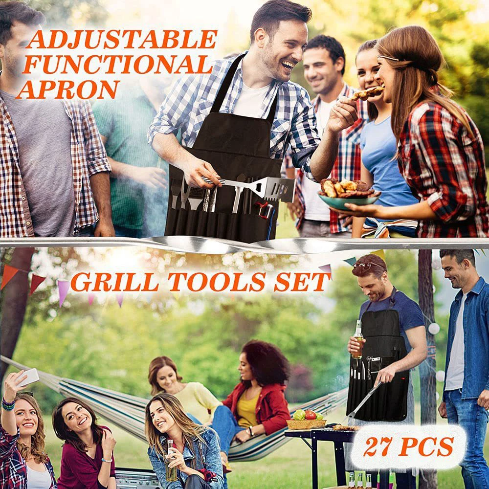 28pcs/set Stainless Steel BBQ Tools Set Apron Storage Bag Outdoor Camping Grill Accessories Barbecue Knife Fork Shovel Oil Brush