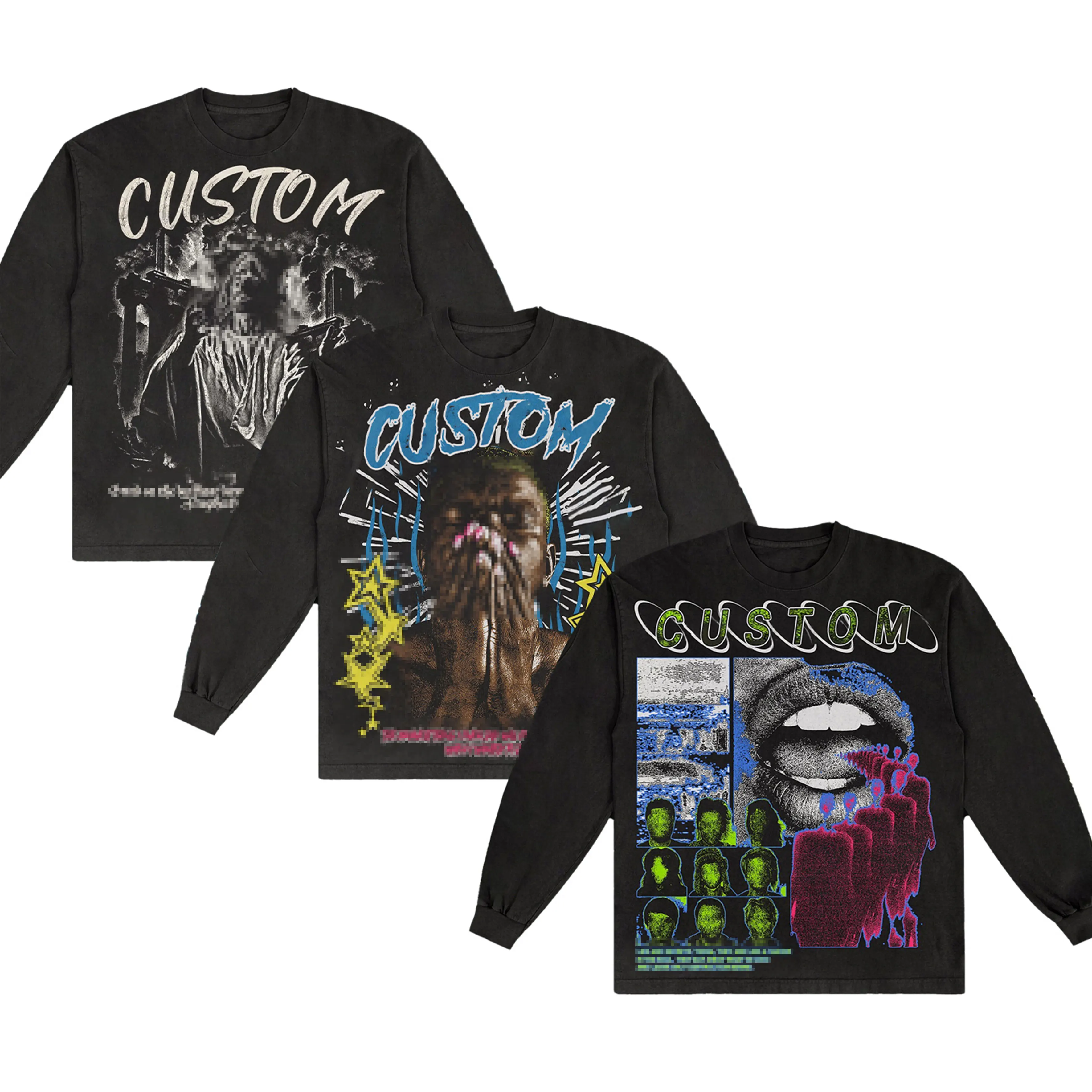 Винтажная Тяжелая уличная одежда с графическим 240, 300 Gsm, роскошная Роскошная хлопковая Футболка с принтом Dtg, мужские рубашки с длинными рукавами