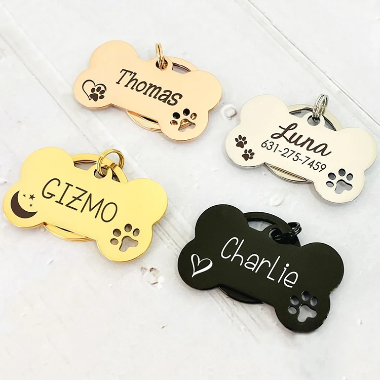 hundemarke rohling Puppy hollow out paw DogTags Rose Gold Black Silver Engraved Collar Tag Personalized Name Tag Bone Dog Tag