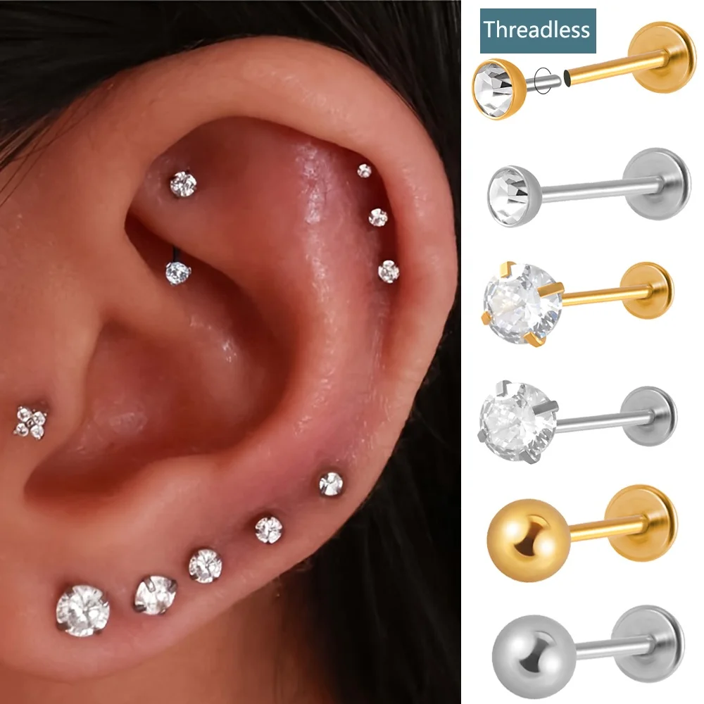 Surgical Steel Threadless Push in Ear Cartilage Tragus Helix Earring Piercing Cz Labret Stud Lip Ring Easy To Wear Jewelry