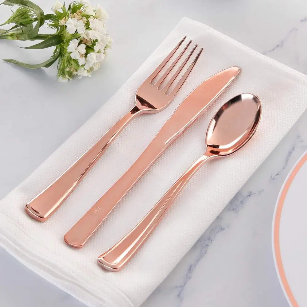 Plastic Silverware Set Disposable Gold Cutlery Set Plastic Forks,Spoons,Knives Heavy Duty Bulk Flatware Party Utensils