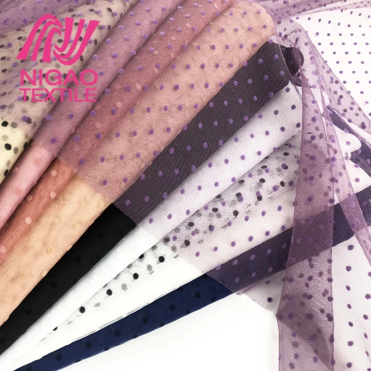
100%polyester Tulle Mesh Fabric for Garment Flocked Fabric Classic Design Breathable Custom Polka Dot Garment, Dress Knitted TUV 
