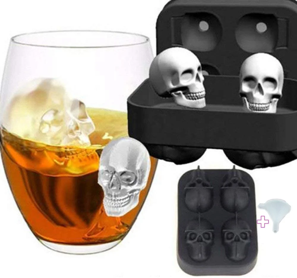 Mould silicone beverage 4 cup whiskey 3d skull shape ice cubs mold With a funnel set