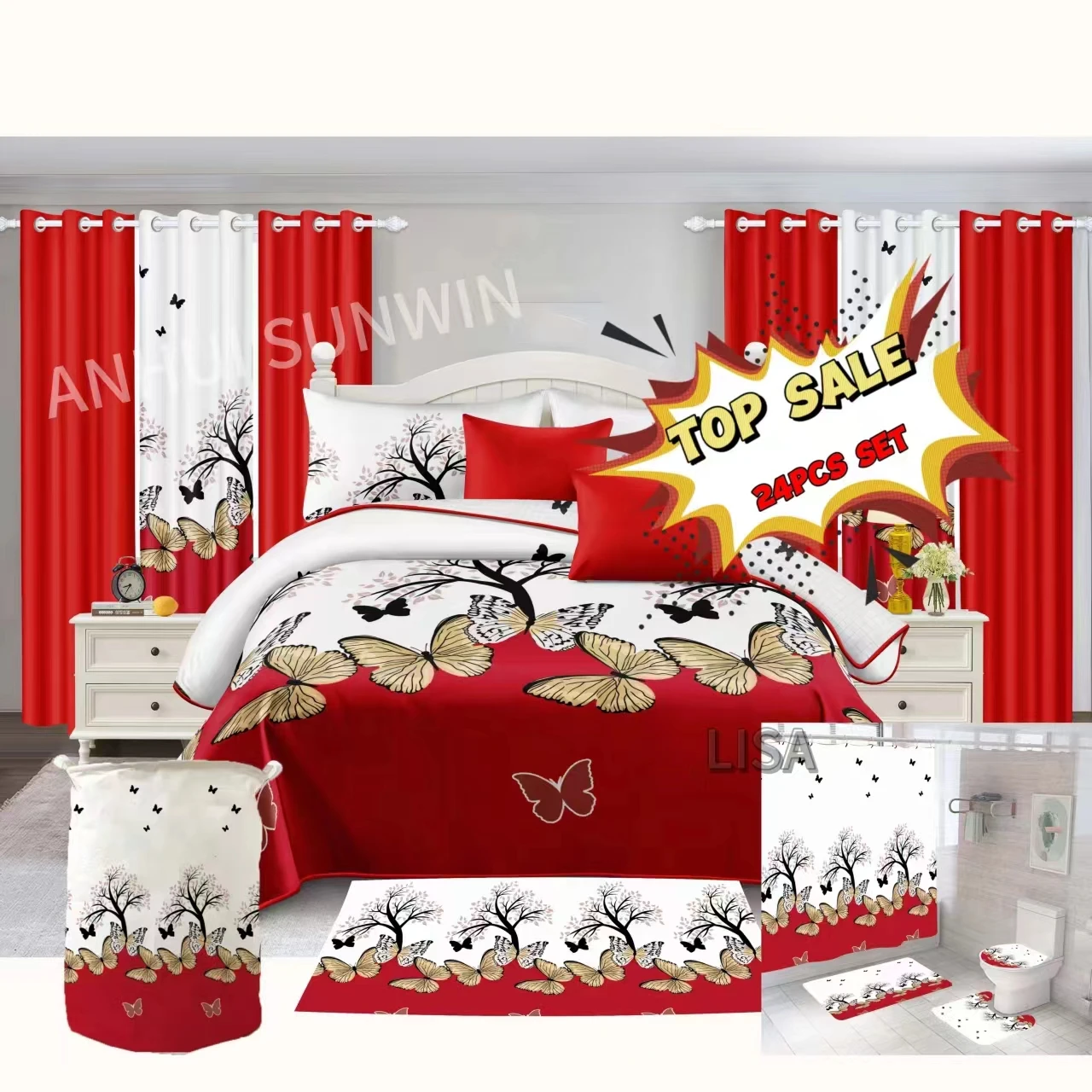 China Factory 24 pieces bed cover with curtains wholesale king size 24 pcs bed cover with matching bathroom set bedspread set