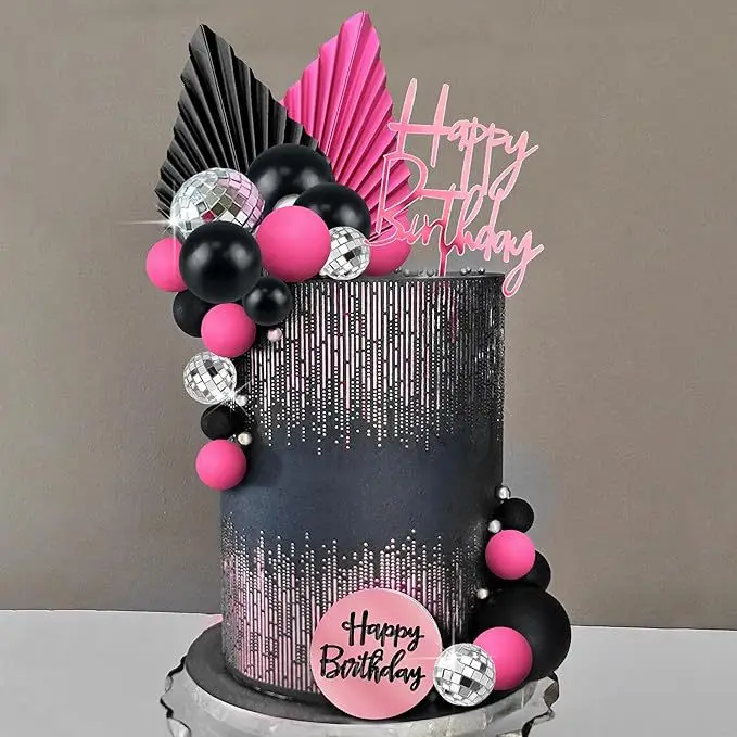 Acrylic Happy Birthday Cake Black Gold Blue Disco Decorated Spherical Cake for Baby Kids and Adults Party Supplies