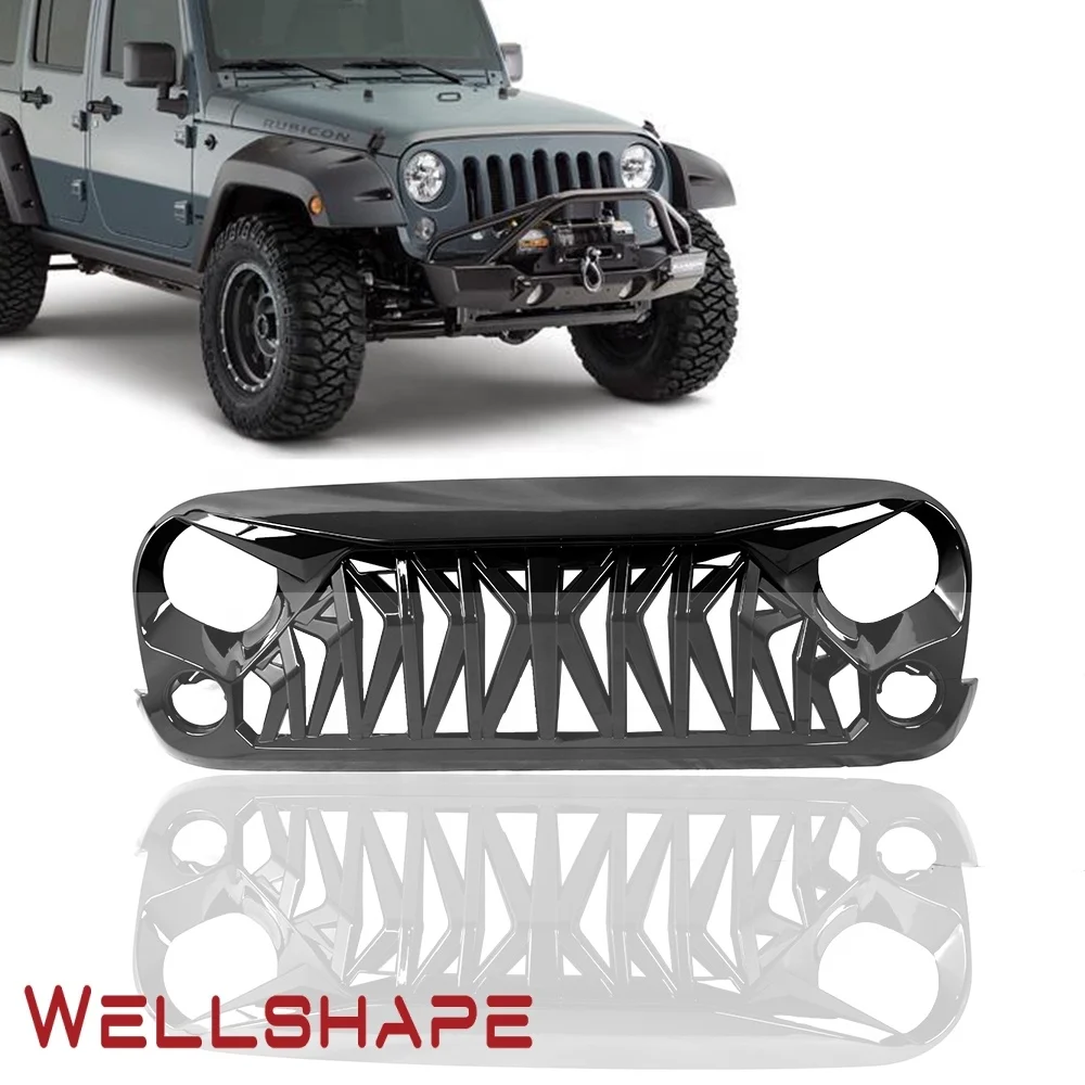 Автомобильная решетка для 2007 2018 Jeep Wrangler JK, решетка для акулы, передний бампер, глянцевая черная решетка