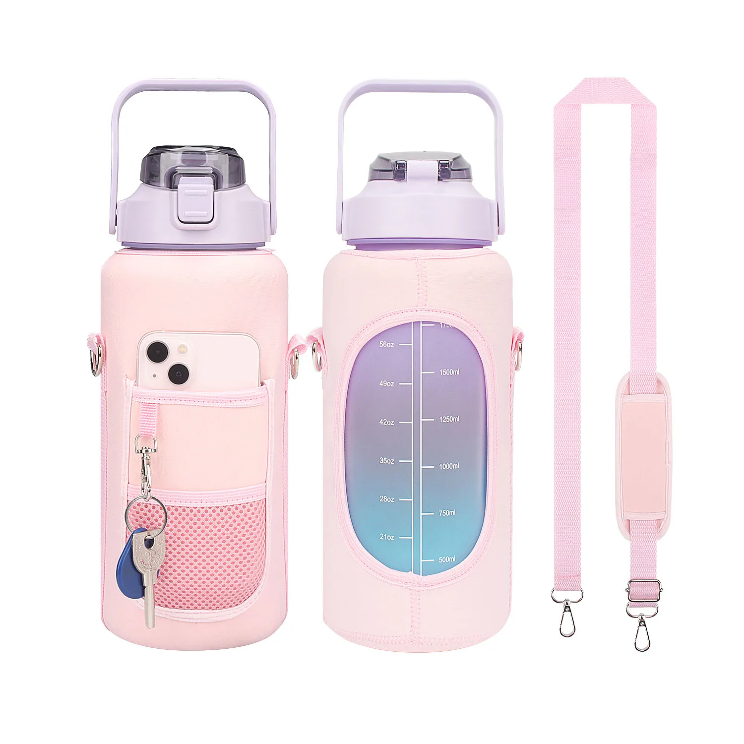 Half Gallon 64oz/2L Protective Water Bottle Carrier with Strap and Cellphone Holder Water Bottle Sleeve Cover