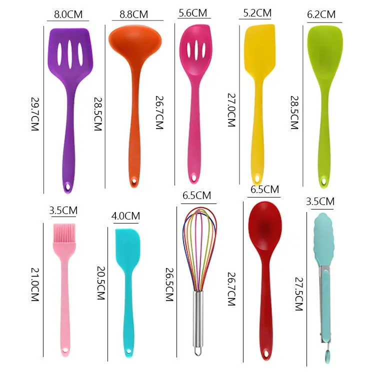 10Pcs Non-Stick Colorful Cookware Cooking Kitchen Gadgets Silicone Kitchen Utensils Set With Spatula Spoon Tongs Whisk
