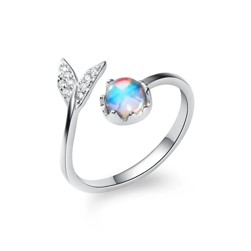 CHUNKE S925 Sterling Silver Rainbow Moonstone Mermaid Tail Opening Adjustable Ring Jewelry for Women