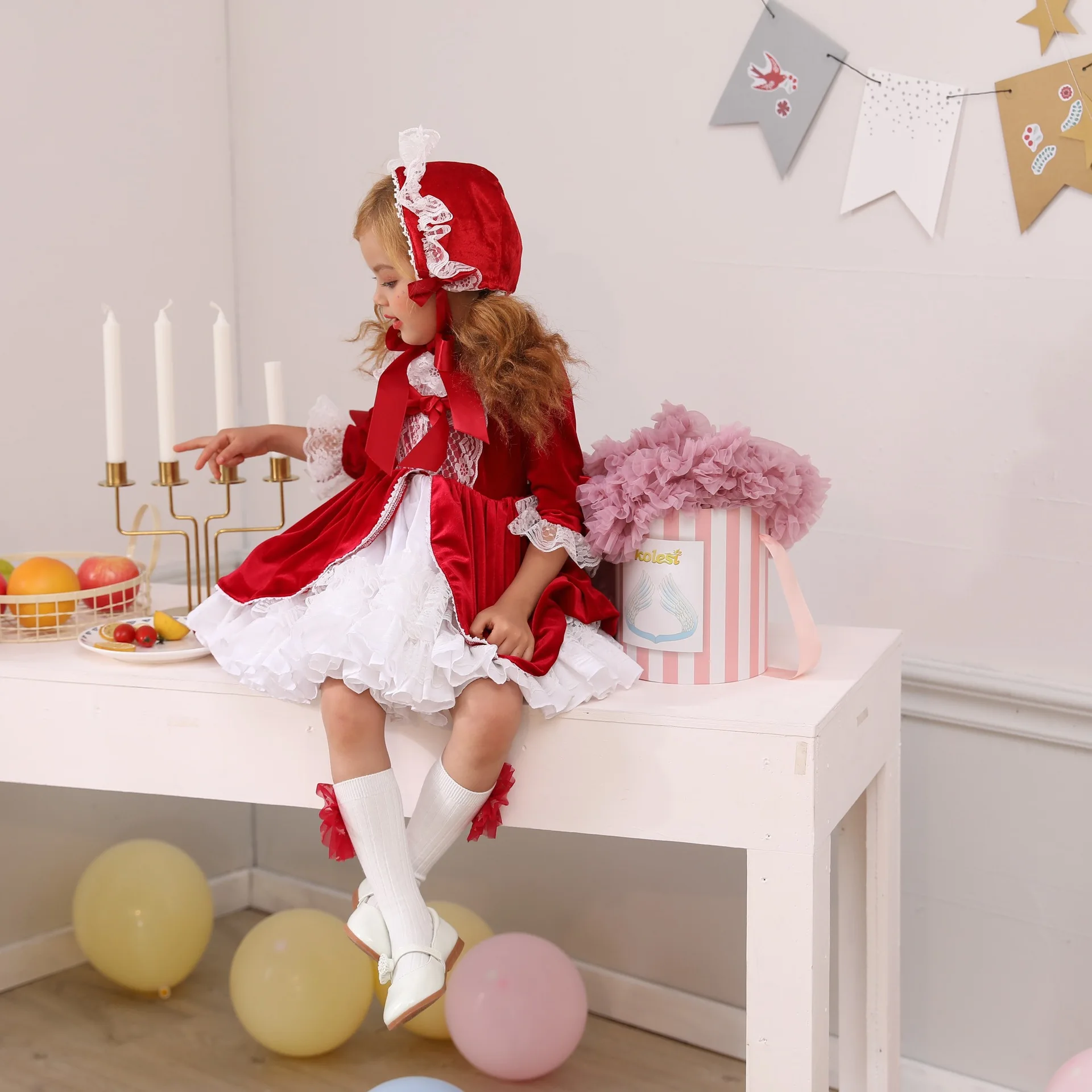 91112 new year arrival 4 pcs set  Lolita baby Spanish lace dress girls princess dresses vintage kids clothes Christmas red