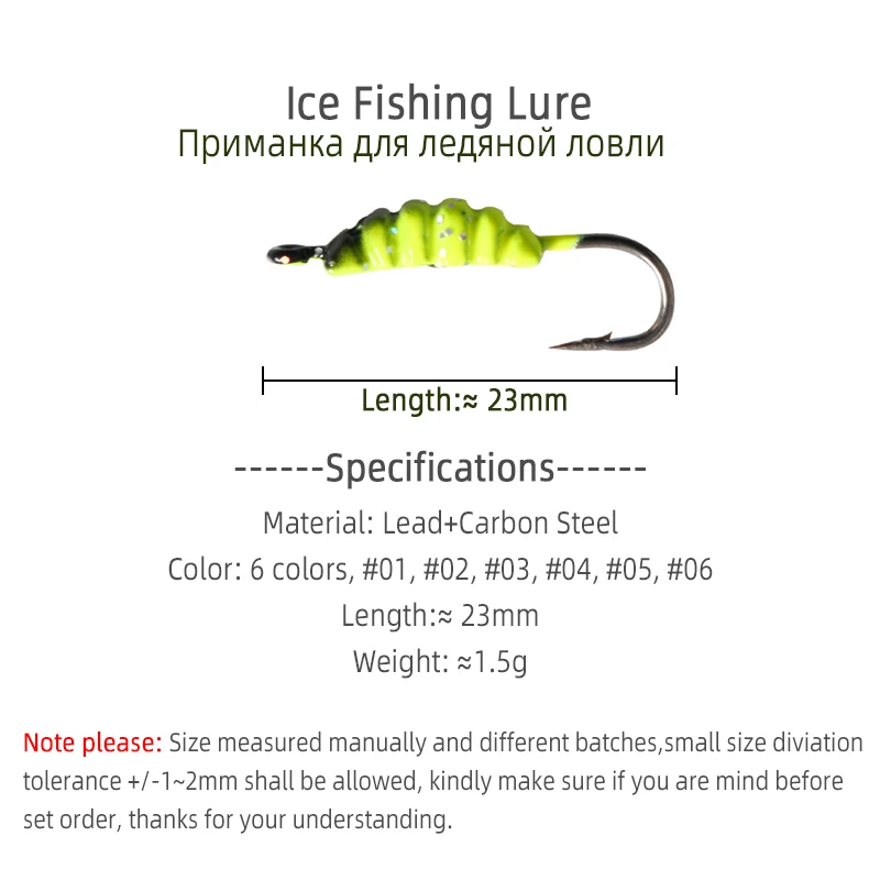 Wholesale 23mm/1.5g Ice Fishing Lure Maggot Worm Metal Bait Ice Jig 6 Color Mini Lead Winter Fishing Hook Pesca Accessories