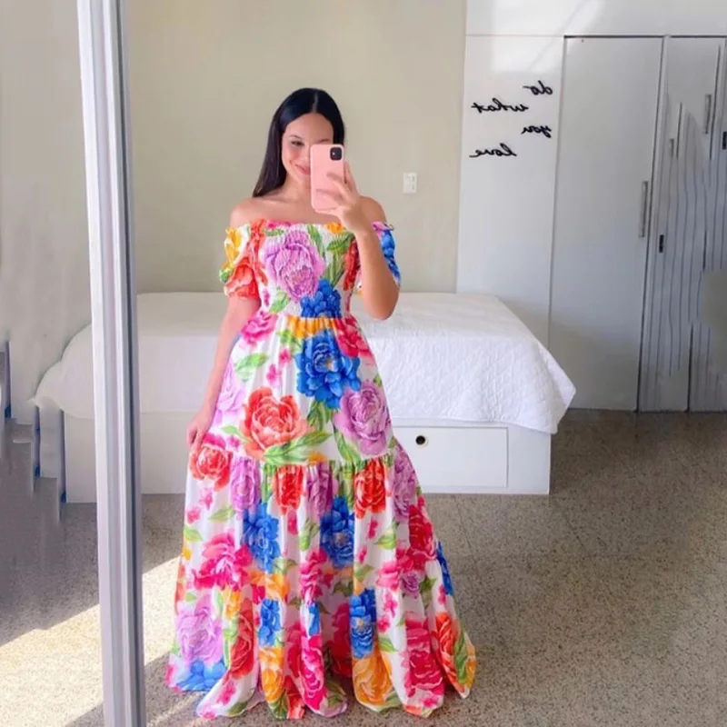 New color flower slim-fit photo dress one line shoulder floral off-the-shoulder long printed fairy dress