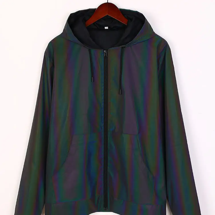 China Factory Custom Full Zip up Hood Coat Wholesale Cheap Blank Mens Rainbow Reflective Jacket
