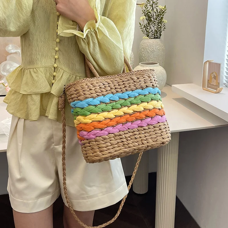 2024 Large Size Woven Straw Handbags Crossbody Rattan Handbag Buscket Bag Ladies Beach Travel Bag for Women