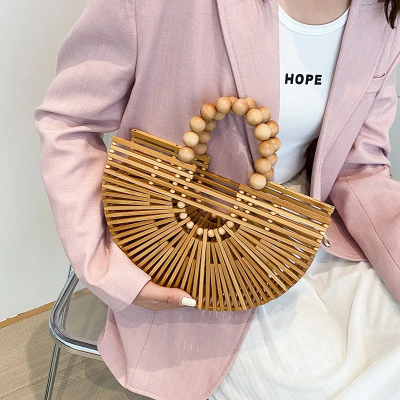 2024 Ins Summer New Hard Wooden Beads Semicircular Hollowed Eco Outdoor Bamboo Braided Vacation Beach Handbag Tote Bag