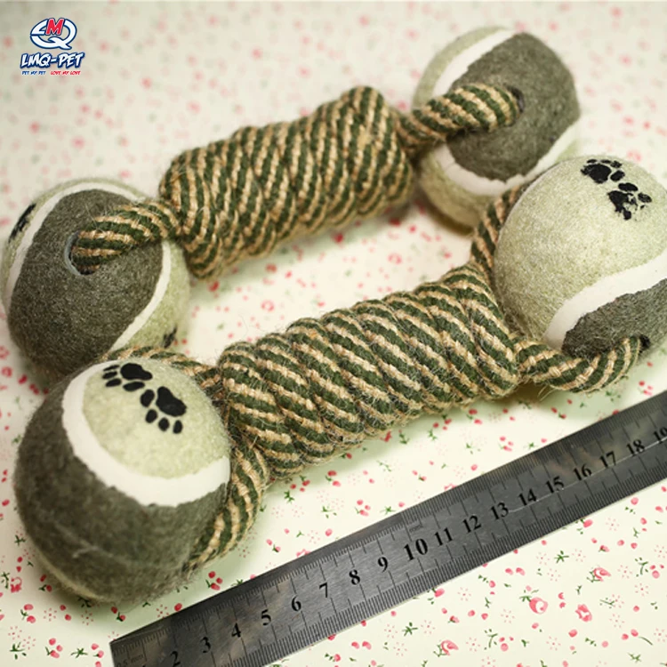 Wholesale Funny Dumbbell Chew Puppy Dog Rope With Two Tennis Balls Toys Set Pet Training Toys